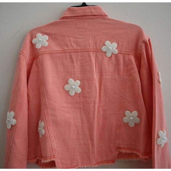 POL SMJ302A Women's Sz Medium Neon Papaya Beaded Pearl Daisy Denim Jacket - Picture 7 of 10